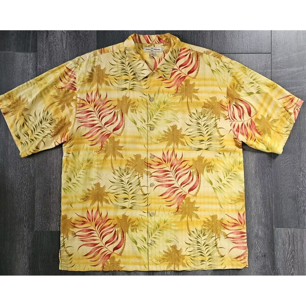 Vintage Tommy Bahama Hawaiian Shirt Mens XL Orange Palm Tree Leaves Silk Aloha